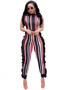 Orange Sleeveless Ruffle Side Striped Jumpsuit Women