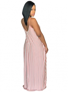 Pink Women Casual Sexy Summer Stripe Bodycon Long Maxi Dresses