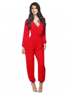 Red One Piece Jumpsuit Wide Leg V-Neck Long Sleeve Suit
