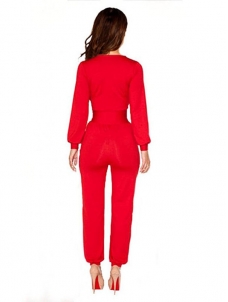 Red One Piece Jumpsuit Wide Leg V-Neck Long Sleeve Suit
