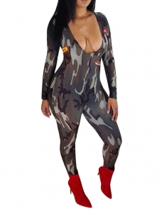 Sexy Deep V-neck Long Sleeve Camo Jumpsuit With Lip Pattern