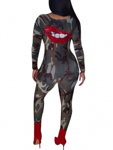Sexy Deep V-neck Long Sleeve Camo Jumpsuit With Lip Pattern