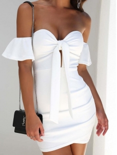 Sexy Solid White Off Shoulder Bowknot Short Sleeve Hip Wrapped Dress