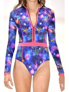 Sexy Women Sliming Zipper Long Sleeve One-piece Swimwear