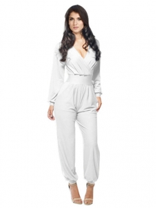 White One Piece Jumpsuit Wide Leg V-Neck Long Sleeve Suit