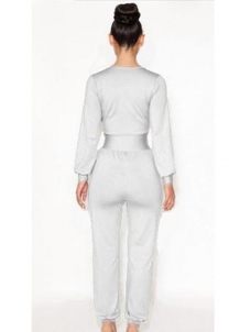 White One Piece Jumpsuit Wide Leg V-Neck Long Sleeve Suit