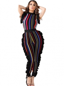 Wine Red Sleeveless Ruffle Side Striped Jumpsuit Women