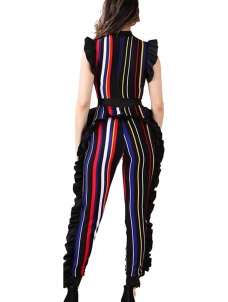 Wine Red Sleeveless Ruffle Side Striped Jumpsuit Women