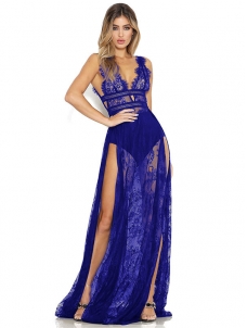 Women Deep V Lace Perspective Bodycon High Slit Dress Blue