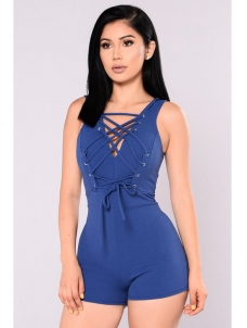 Women Solid Bandage Sleeveless Buttocks Jumpsuit Blue 