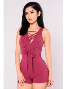 Women Solid Bandage Sleeveless Buttocks Jumpsuit Rose