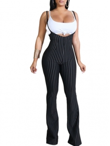 Women Stripe Sleeveless High Waist Jumpsuit Black