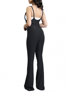 Women Stripe Sleeveless High Waist Jumpsuit Black