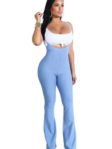 Women Stripe Sleeveless High Waist Jumpsuit Blue