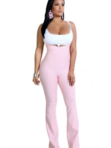 Women Stripe Sleeveless High Waist Jumpsuit Pink
