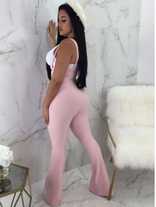 Women Stripe Sleeveless High Waist Jumpsuit Pink