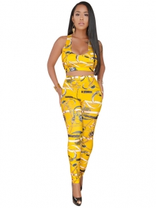 Yellow Cross Bandage Neck Tops And Pencil Pants Tracksuit