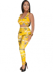 Yellow Cross Bandage Neck Tops And Pencil Pants Tracksuit