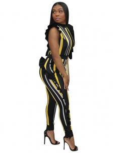 Yellow Sleeveless Ruffle Side Striped Jumpsuit Women