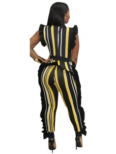 Yellow Sleeveless Ruffle Side Striped Jumpsuit Women