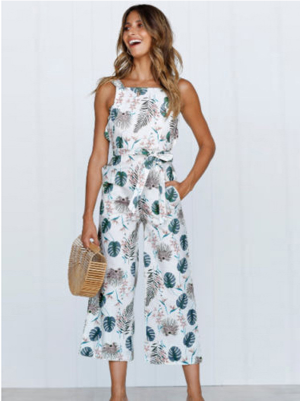 Bohemia Floral Print Sleeveless Jumpsuit White