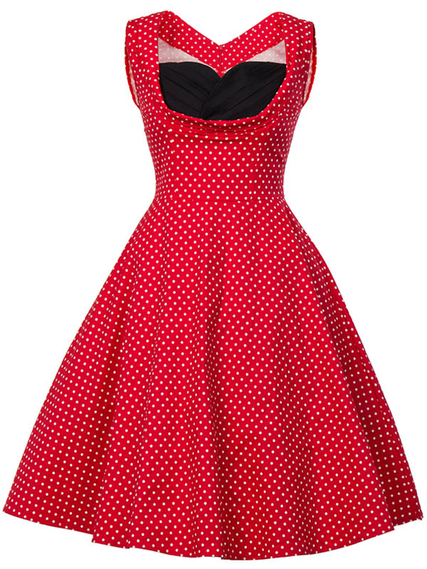 Elegant Dot Printed Midi Dress Red