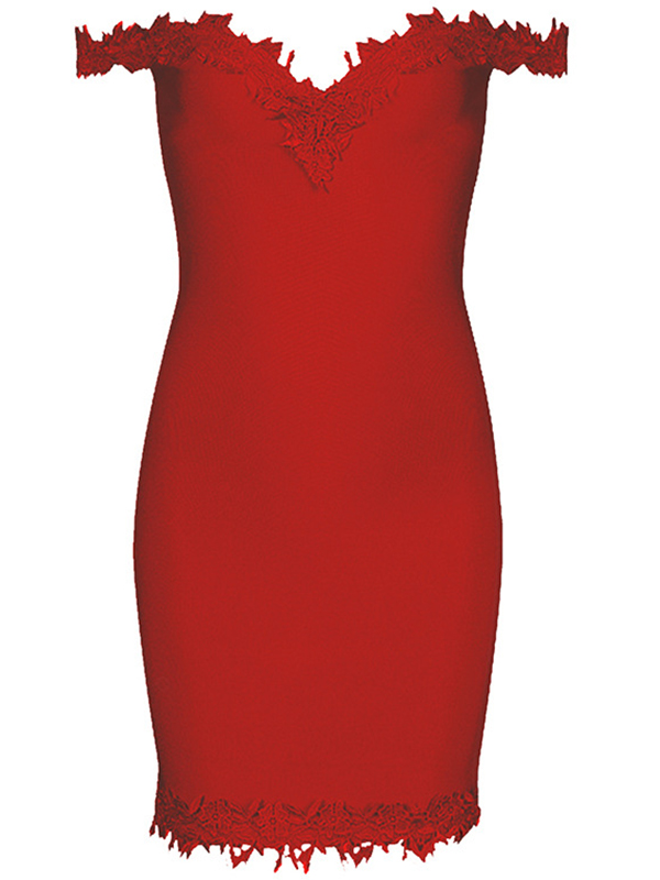 Elegant Solid Lace Bandage Dress Red