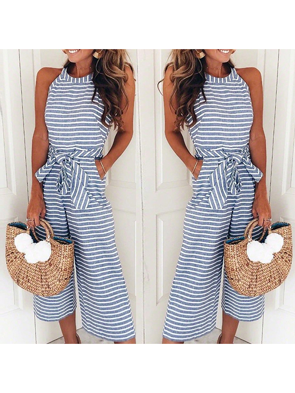 Elegant Stripe Round Collar Jumpsuit Blue