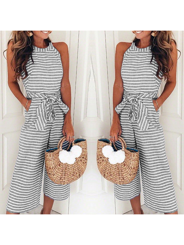 Elegant Stripe Round Collar Jumpsuit Gray