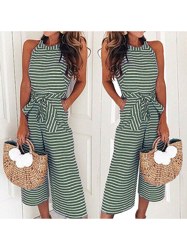 Elegant Stripe Round Collar Jumpsuit Green