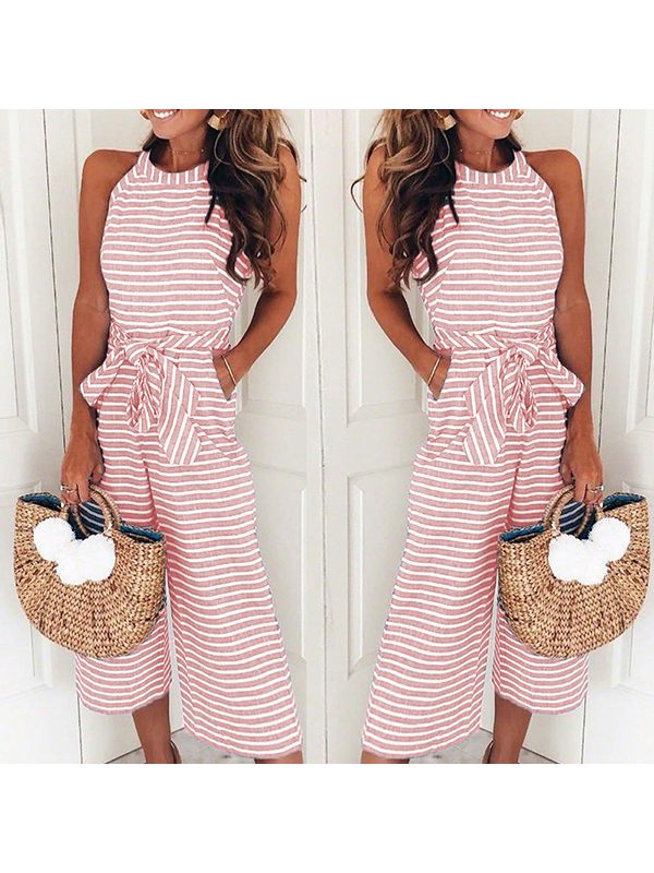 Elegant Stripe Round Collar Jumpsuit Pink
