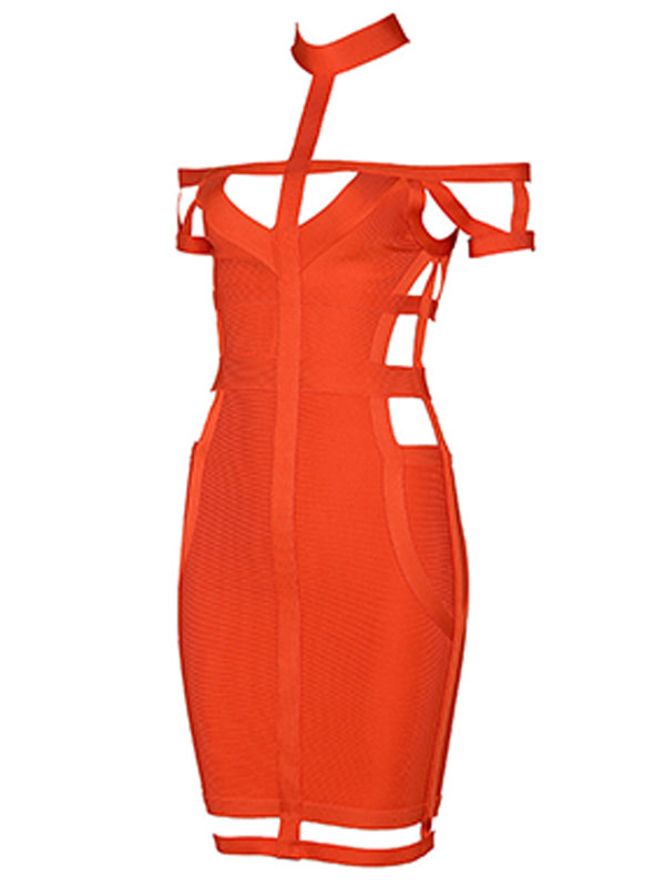 Halter Choker Off Shoulder Bandage Dress Orange 