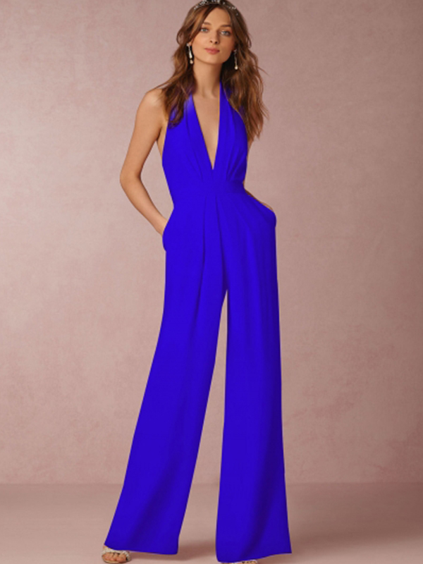 Halter V Neck Backless Wide-Leg Jumpsuit Blue