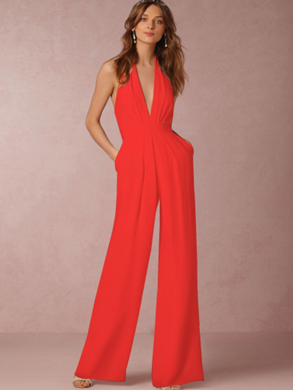 Halter V Neck Backless Wide-Leg Jumpsuit Red