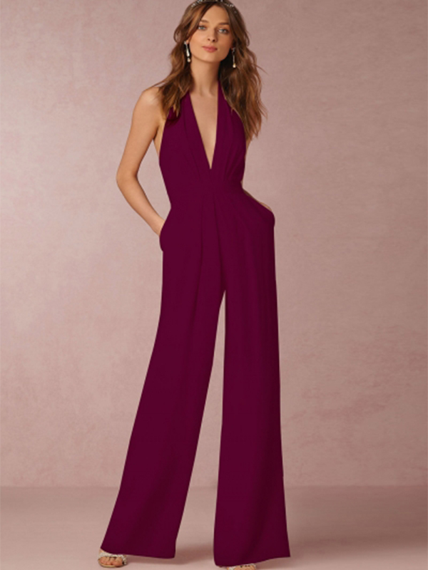 Halter V Neck Backless Wide-Leg Jumpsuit Wine Red