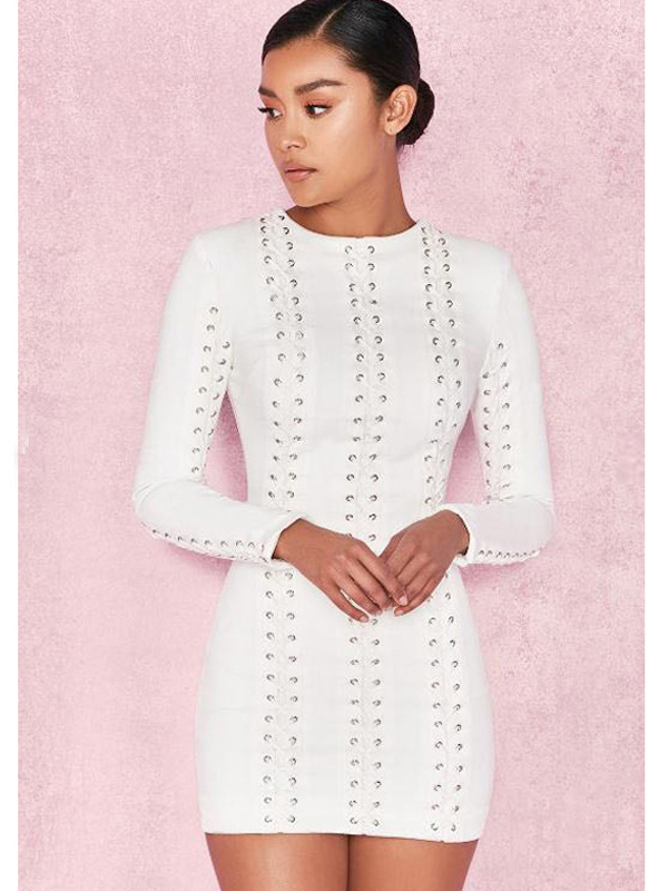 Long Sleeve Rivets Mini Bandage Dress 