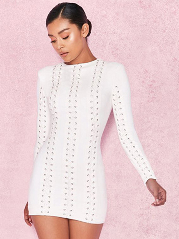 Long Sleeve Rivets Mini Bandage Dress 