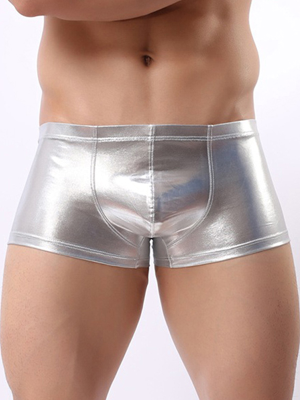 Men Faux Leather Boxer Underwear Silver