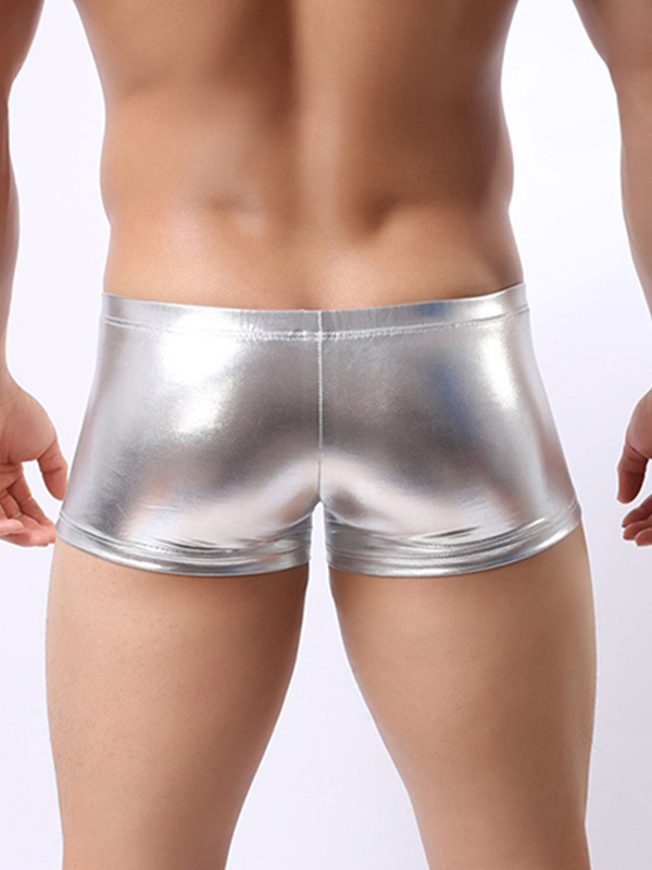 Men Faux Leather Boxer Underwear Silver