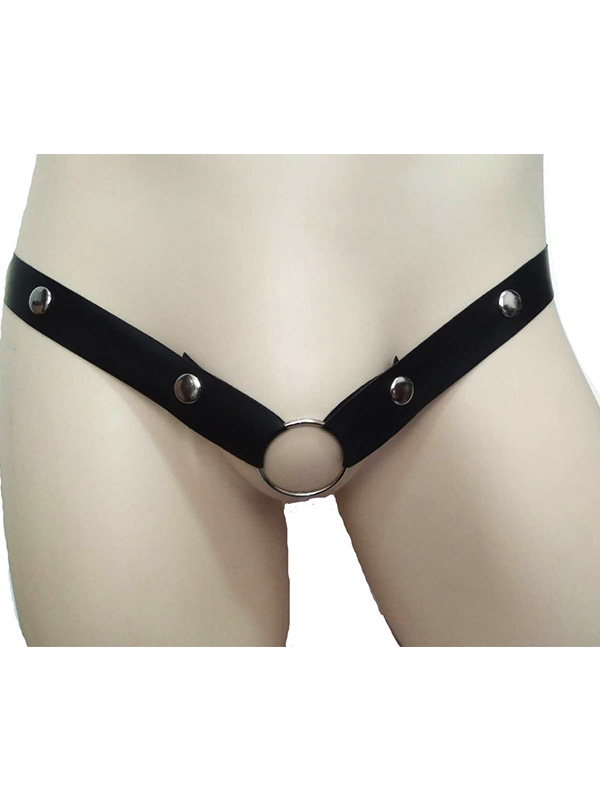 Men Leather O-ring Rivet Crotchless Thong