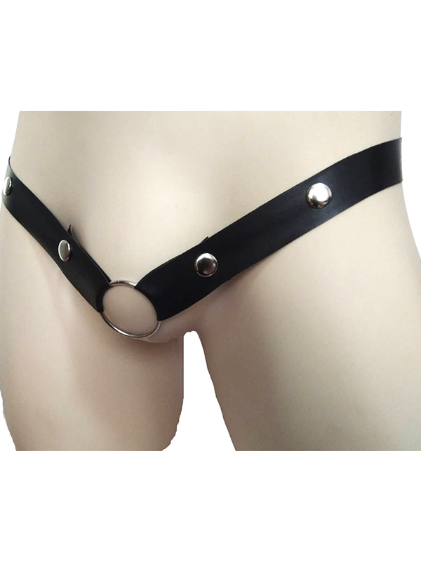 Men Leather O-ring Rivet Crotchless Thong