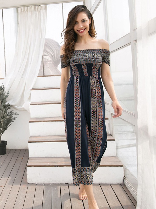 Off Shoulder Siamese Trousers Jumpsuits Blue