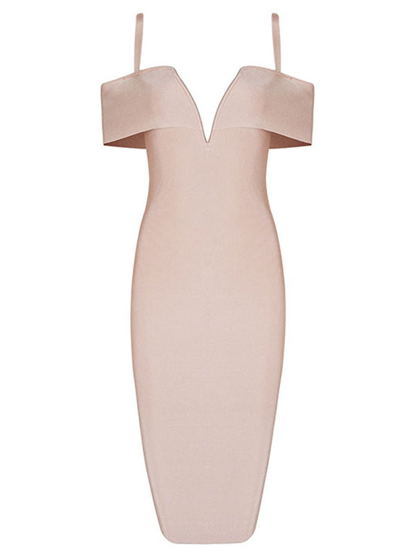 Off Shoulder Spaghetti Bandage Dresses Apricot