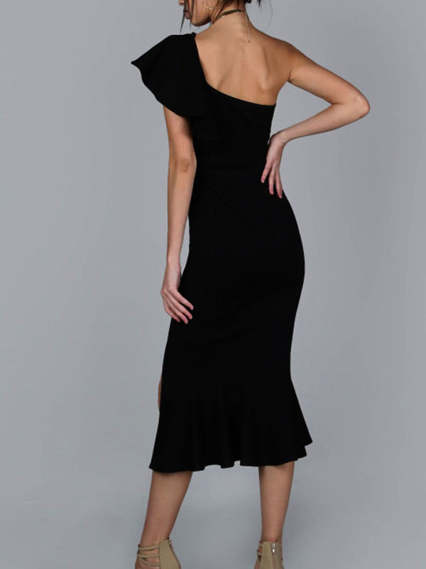 One Shoulder Sexy Midi Bandage Dresses Black 