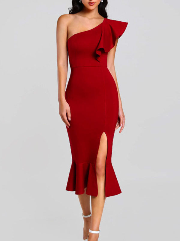 One Shoulder Sexy Midi Bandage Dresses Red
