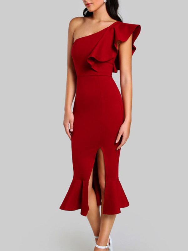 One Shoulder Sexy Midi Bandage Dresses Red
