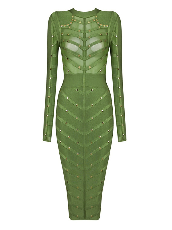 See Through Long Sleeve Midi Dress Green