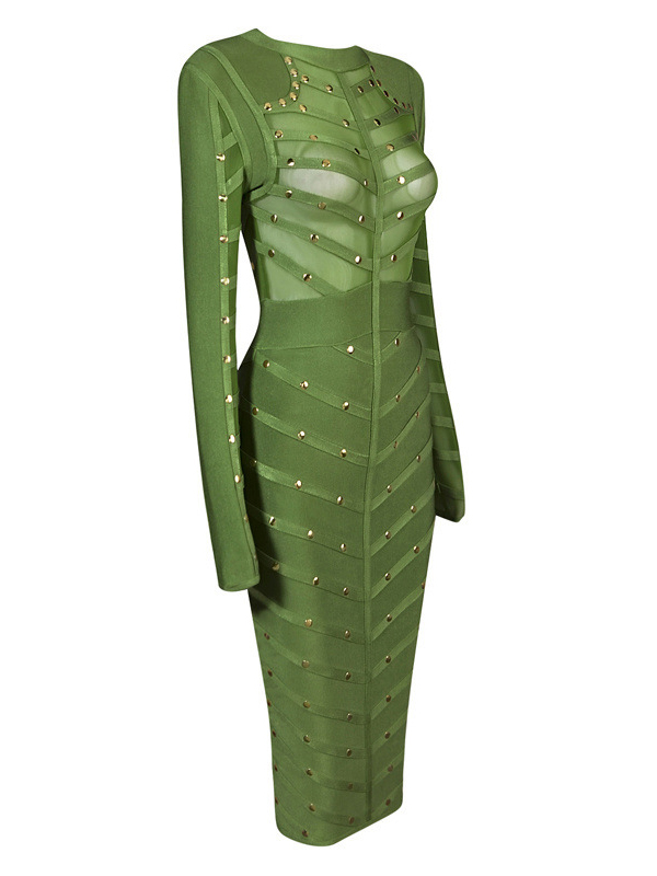 See Through Long Sleeve Midi Dress Green