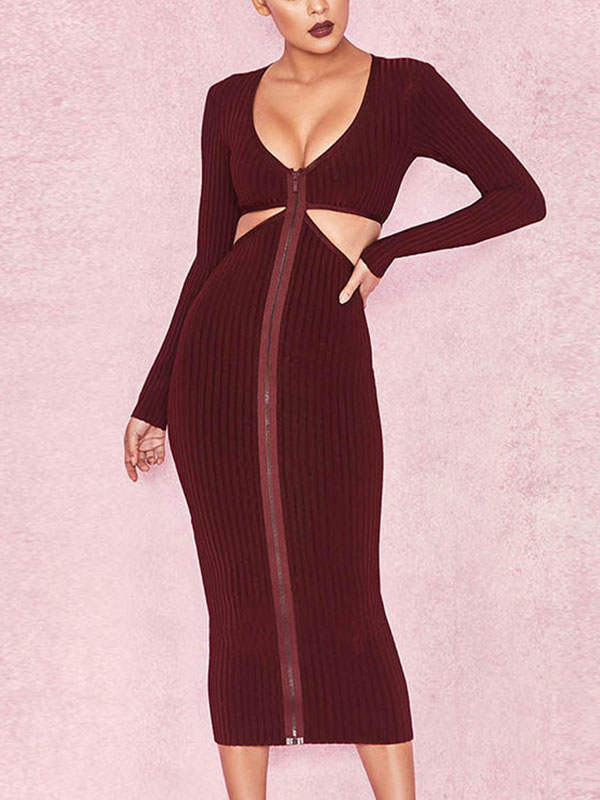 Sexy Hollow Out V-Neck Midi Bodycon Dress
