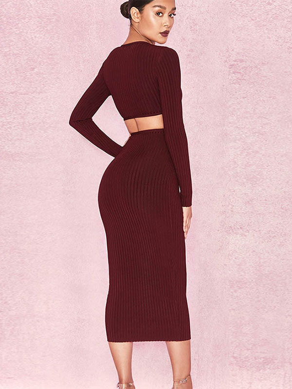 Sexy Hollow Out V-Neck Midi Bodycon Dress